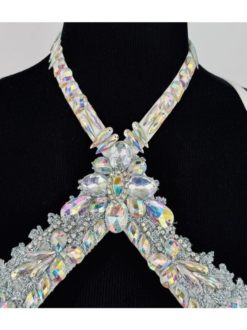 Silver Crystal Rhinestone Bra & Belt Set | Samba Coachella Rave Festival Dancer - Picture 4 of 13